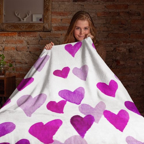 Valentines Day Watercolor Hearts  purple Fleece Blanket