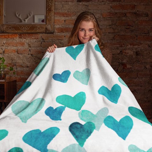 Valentines Day Watercolor Hearts  turquoise Fleece Blanket