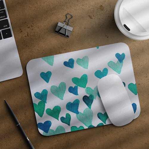 Valentines Day Watercolor Hearts  turquoise Mouse Pad