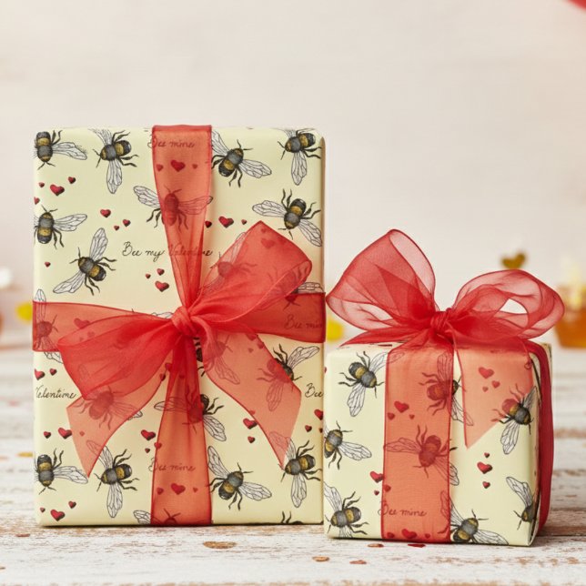 Valentine’s Day Yellow Bee Bee Mine Wrapping Paper (Elegant Insect Bee My Valentine Valentine's Day Wrapping Paper. Modern Bees & Red Heart Pattern)