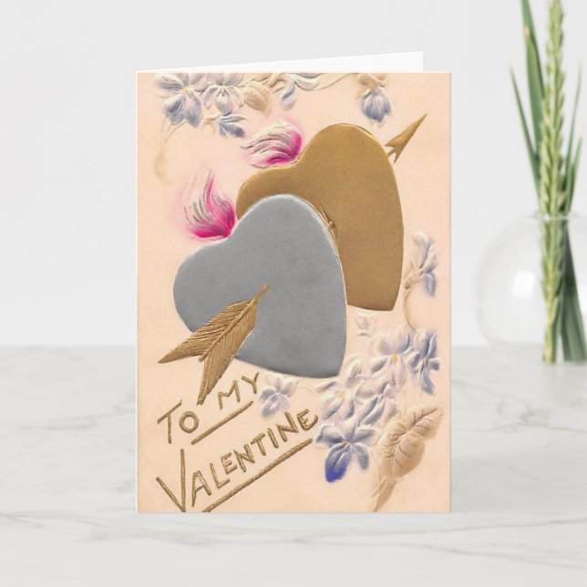 Valentine Silver and Gold Hearts Antique Postcard (Front)