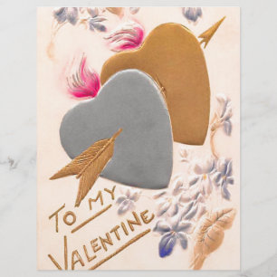 Valentine Silver and Gold Hearts Antique Postcard