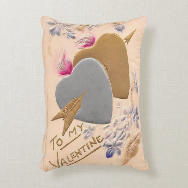 Valentine Silver and Gold Hearts Antique Postcard Accent Pillow (Front(Vertical))