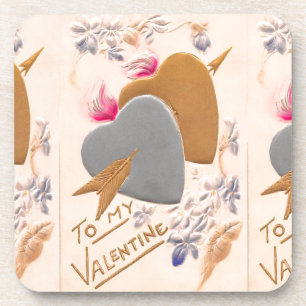 Valentine Silver and Gold Hearts Antique Postcard Beverage Coaster