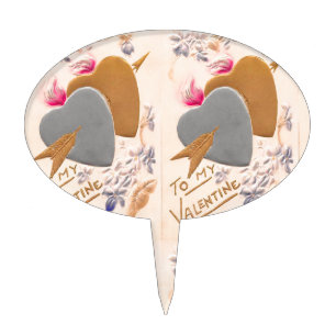 Valentine Silver and Gold Hearts Antique Postcard Cake Topper