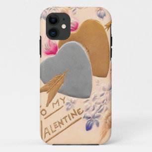 Valentine Silver and Gold Hearts Antique Postcard iPhone 11 Case
