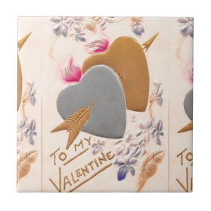 Valentine Silver and Gold Hearts Antique Postcard Ceramic Tile