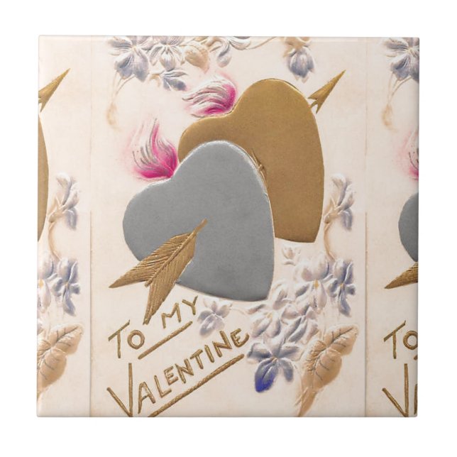 Valentine Silver and Gold Hearts Antique Postcard Ceramic Tile (Front)