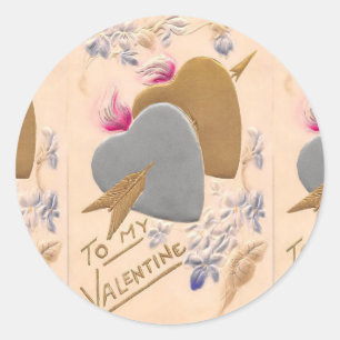 Valentine Silver and Gold Hearts Antique Postcard Classic Round Sticker