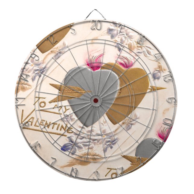 Valentine Silver and Gold Hearts Antique Postcard Dartboard (Front)