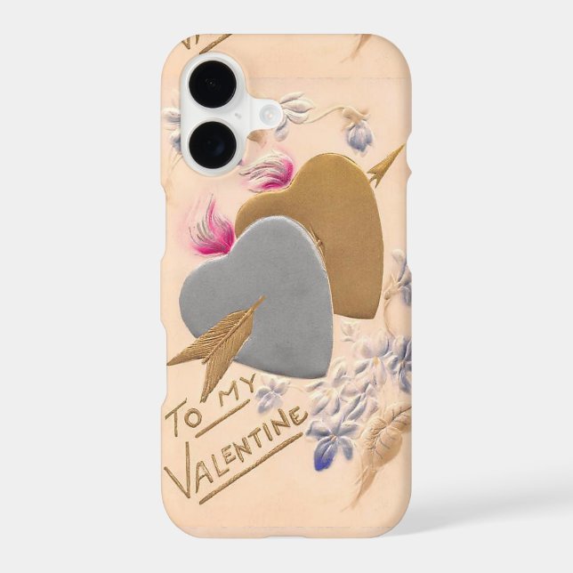 Valentine Silver and Gold Hearts Antique Postcard iPhone Case (Back)