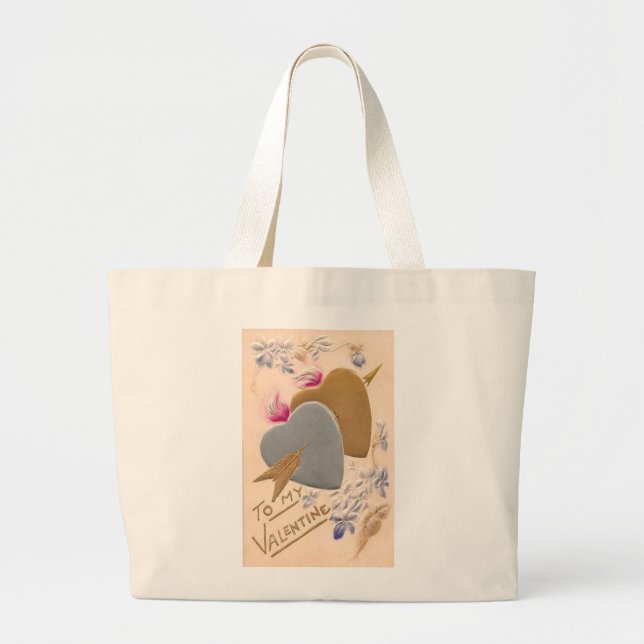 Valentine Silver and Gold Hearts Antique Postcard Large Tote Bag (Front)