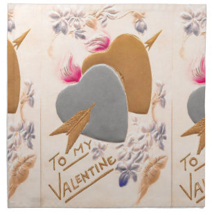Valentine Silver and Gold Hearts Antique Postcard Napkin