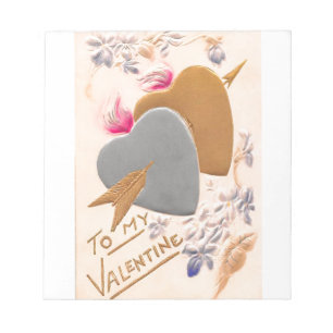 Valentine Silver and Gold Hearts Antique Postcard Notepad