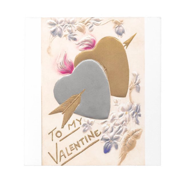 Valentine Silver and Gold Hearts Antique Postcard Notepad (Front)