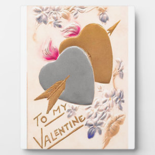 Valentine Silver and Gold Hearts Antique Postcard Plaque
