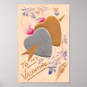Valentine Silver and Gold Hearts Antique Postcard Poster