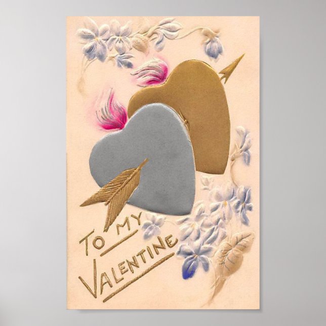 Valentine Silver and Gold Hearts Antique Postcard Poster (Front)