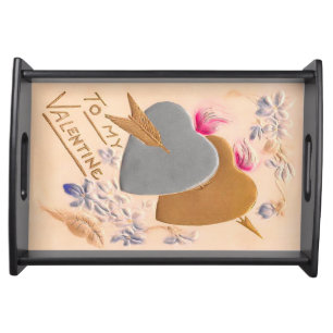 Valentine Silver and Gold Hearts Antique Postcard Serving Tray