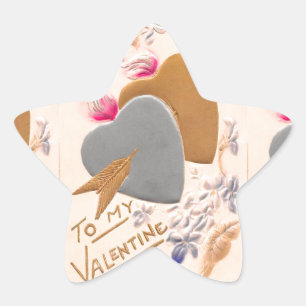 Valentine Silver and Gold Hearts Antique Postcard Star Sticker