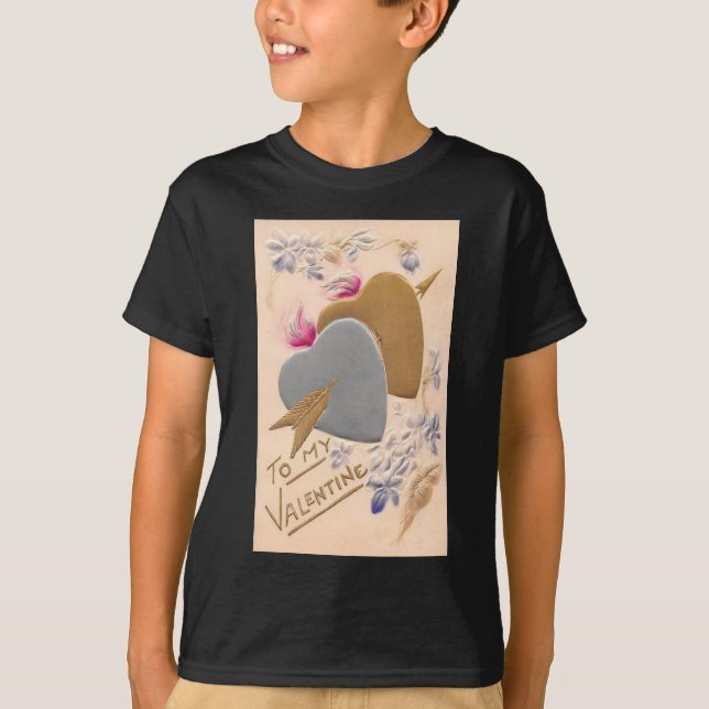 Valentine Silver and Gold Hearts Antique Postcard T-Shirt (Front)