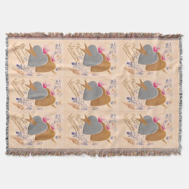 Valentine Silver and Gold Hearts Antique Postcard Throw Blanket (Front)