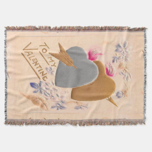 Valentine Silver and Gold Hearts Antique Postcard Throw Blanket
