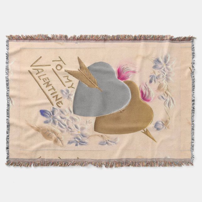 Valentine Silver and Gold Hearts Antique Postcard Throw Blanket (Front)