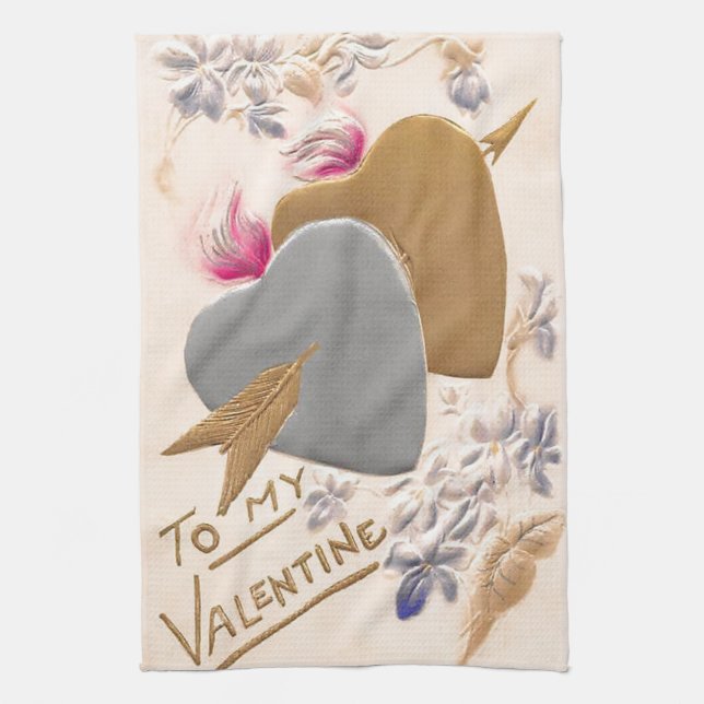 Valentine Silver and Gold Hearts Antique Postcard Towel (Vertical)