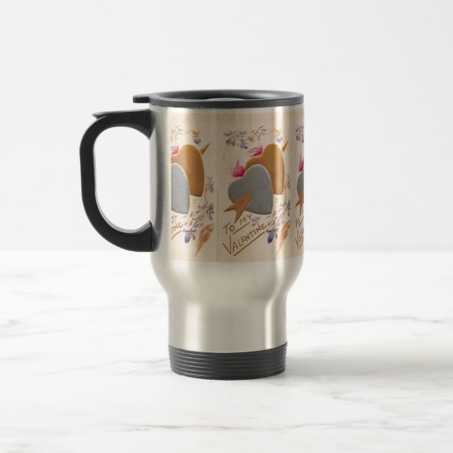 Valentine Silver and Gold Hearts Antique Postcard Travel Mug (Left)