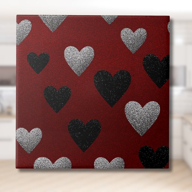 Valentine Silver Black Glitter Hearts on Burgundy Ceramic Tile (Creator Uploaded)