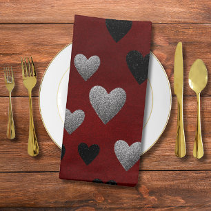 Valentine Silver Black Glitter Hearts on Burgundy Cloth Napkin