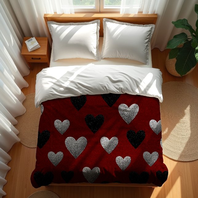 Valentine Silver Black Glitter Hearts on Burgundy Duvet Cover (Creator Uploaded)