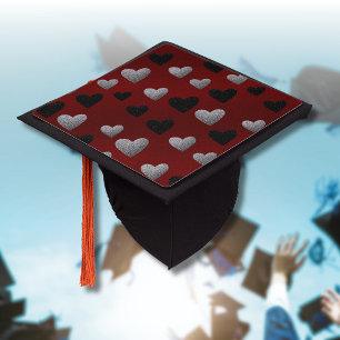Valentine Silver Black Glitter Hearts on Burgundy Graduation Cap Topper