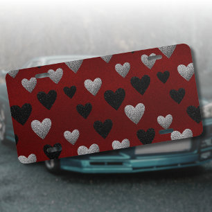 Valentine Silver Black Glitter Hearts on Burgundy License Plate