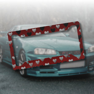 Valentine Silver Black Glitter Hearts on Burgundy License Plate Frame