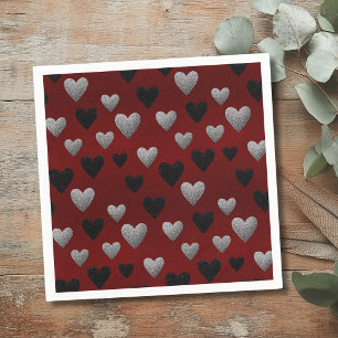 Valentine Silver Black Glitter Hearts on Burgundy Napkins