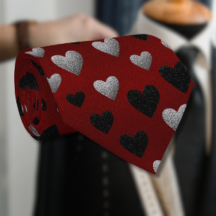 Valentine Silver Black Glitter Hearts on Burgundy Neck Tie