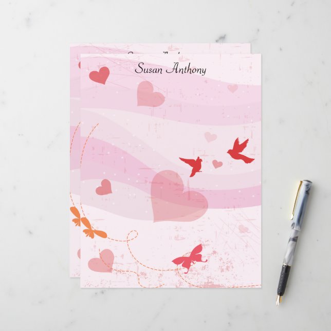 Valentine Soft Hearts Butterflies Stationary Paper (Front/Back In Situ)
