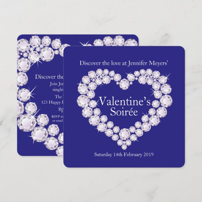 Valentine soirée diamonds heart blue party invite (Front/Back)