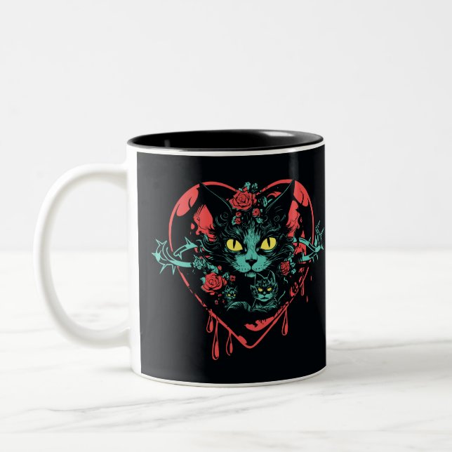 Valentine Spooky Cats and Blood Two-Tone Coffee Mug (Left)