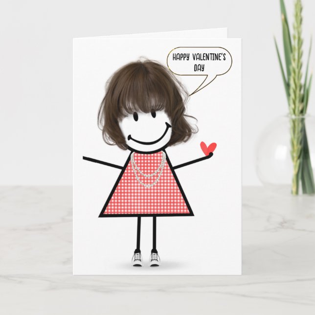 Valentine Stick Figure Girl With Speech Bubble Card (Front)