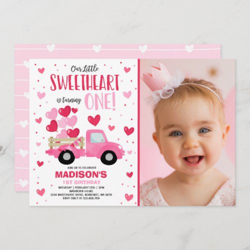Valentine Sweetheart 1st Birthday Pink Red Truck Invitation