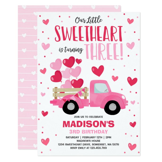 Valentine Sweetheart 3rd Birthday Pink Red Truck Invitation