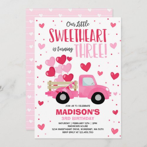 Valentine Sweetheart 3rd Birthday Pink Red Truck Invitation