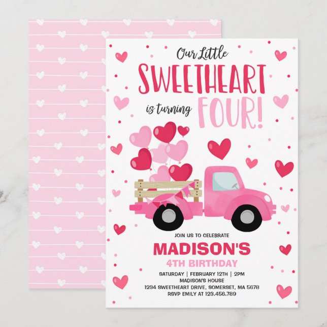 Valentine Sweetheart 4th Birthday Pink Red Truck Invitation (Front/Back)