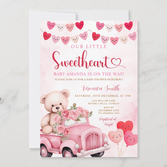 Valentine Sweetheart Bear Pink Truck Baby Shower Invitation (Front)