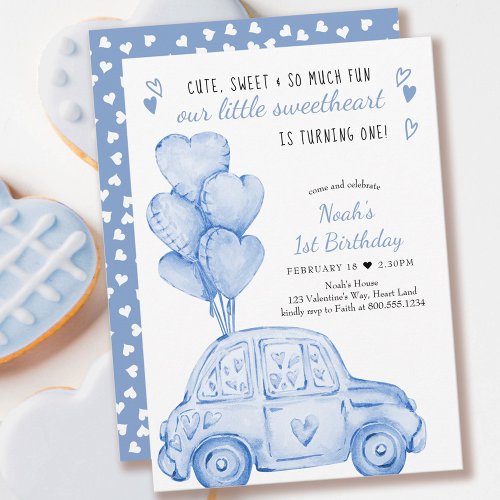 Valentine Sweetheart Blue Balloons 1st Birthday Invitation