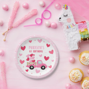 Valentine Sweetheart Pink 1st Birthday Party Decor Paper Plates