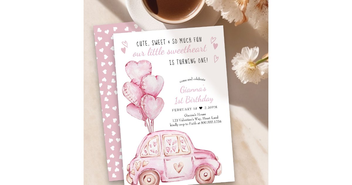 Valentine Sweetheart Pink Balloons 1st Birthday Invitation | Zazzle